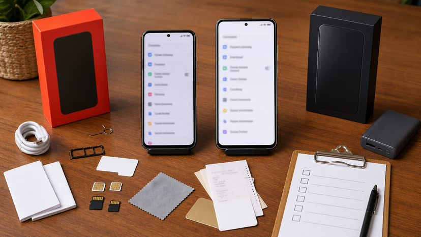 Checklist visual for Xiaomi phone buyers covering battery, camera, storage, warranty, 5G and region checks