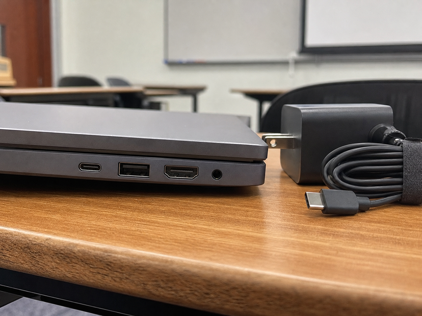 Close-up of laptop ports and USB-C charger for budget Windows laptop checks