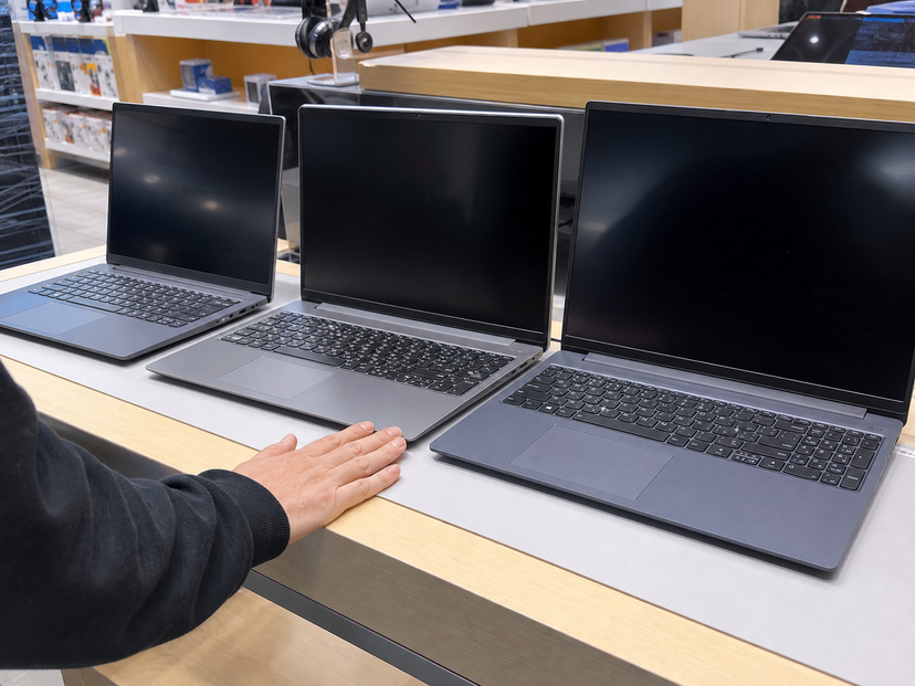 Three unbranded laptops compared side by side in an electronics store