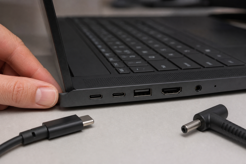 Close view of a slim business laptop side ports being inspected