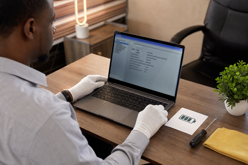Technician-style used laptop inspection with battery health check setup