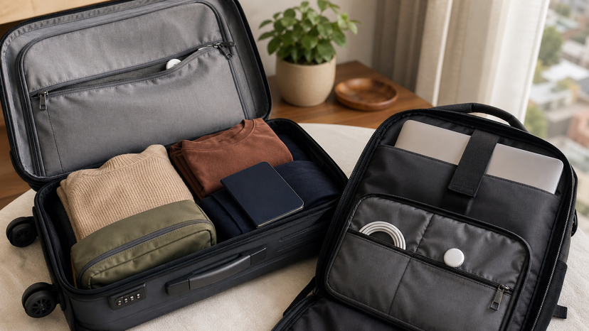 Travel bag setup showing discreet AirTag placement inside luggage and laptop bag