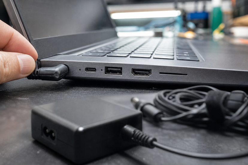 Close-up of used business laptop ports and charger during inspection