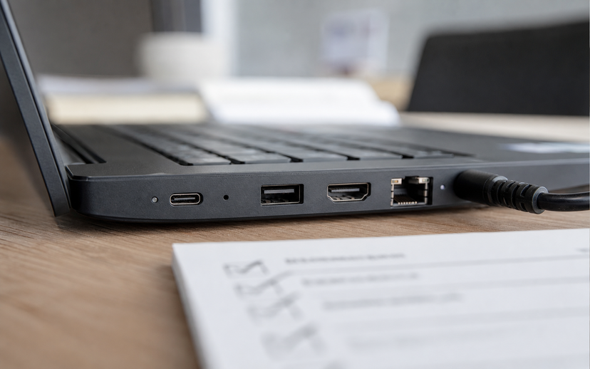 Close-up of generic business laptop ports including USB-C, USB-A, HDMI-style and Ethernet-style connections