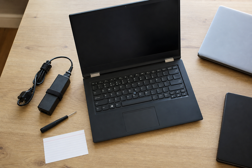 Overhead view of a used black business laptop with charger and inspection tools beside alternative laptops