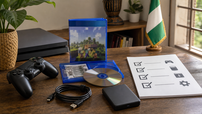 PlayStation 4 game disc setup showing controller, case, and storage checklist concept