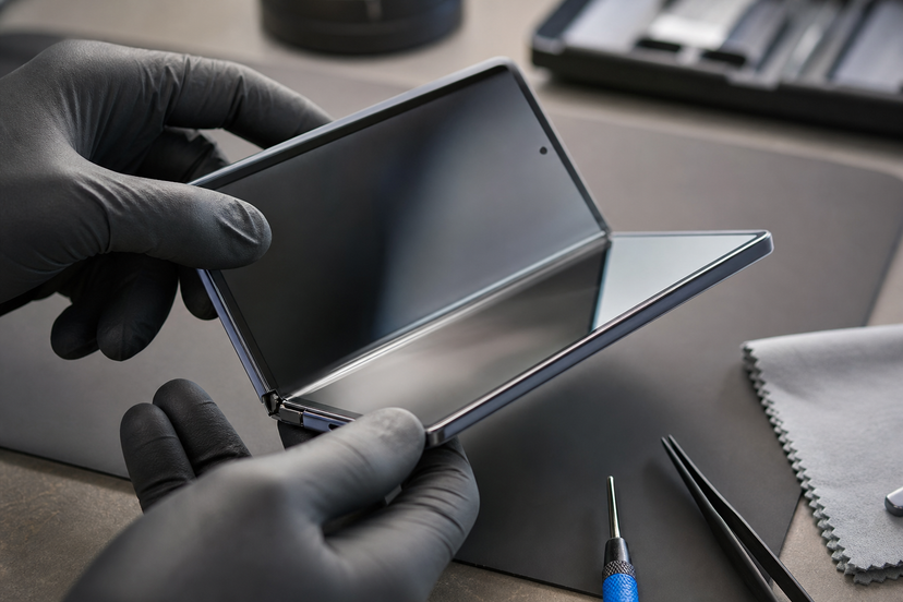 Close-up inspection of a foldable phone hinge and flexible inner display on a repair-style workbench