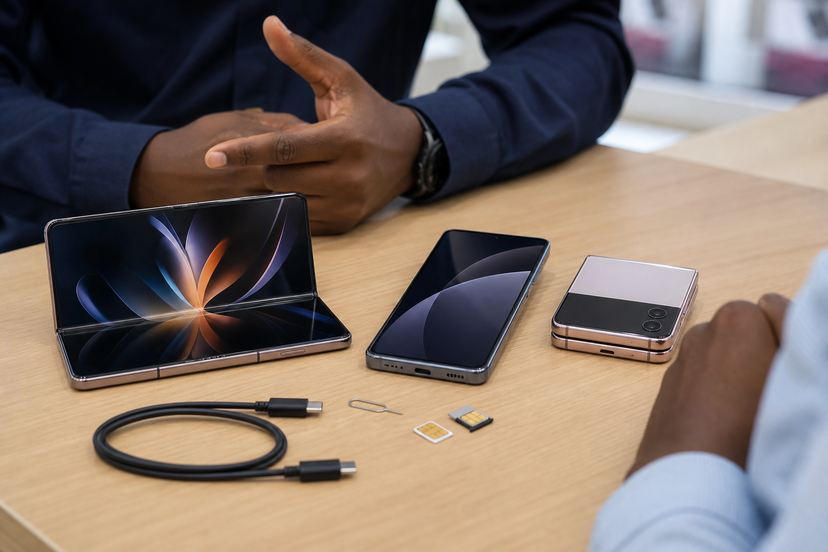 Foldable phone compared with a slab smartphone and compact flip phone during a retail consultation