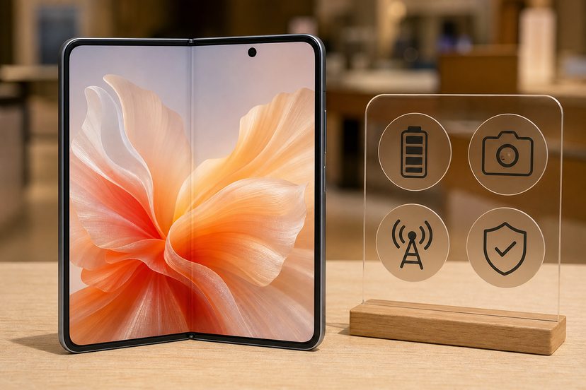 Open foldable smartphone beside simple battery camera 5G and warranty symbols