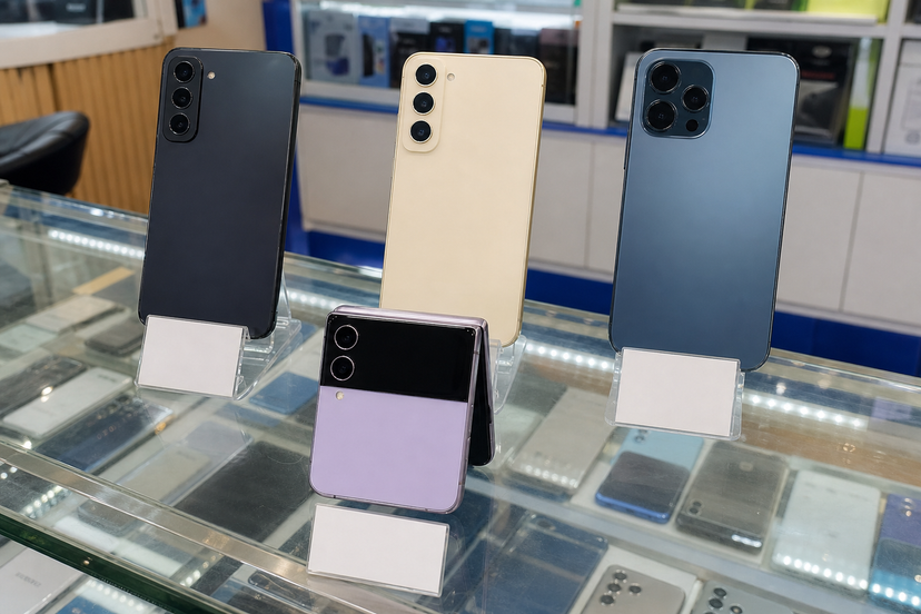 Compact foldable phone displayed with several slab phone alternatives in a phone shop