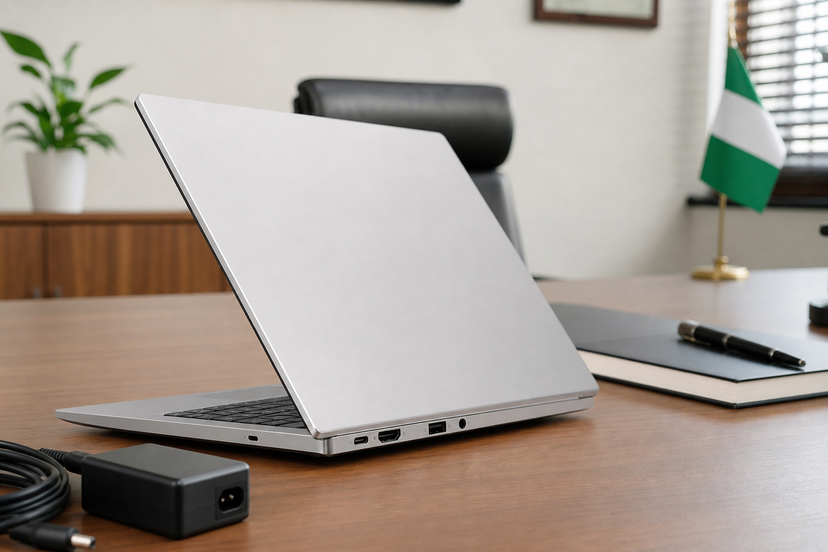 Close-up of a slim silver business laptop with side ports and power adapter on a Nigerian office desk