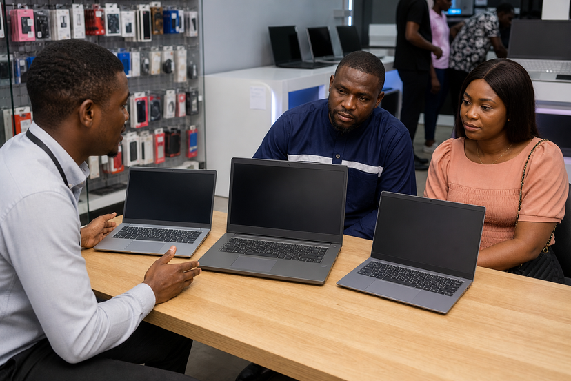 Laptop consultation scene comparing a compact business laptop with larger alternatives in a Nigerian electronics store