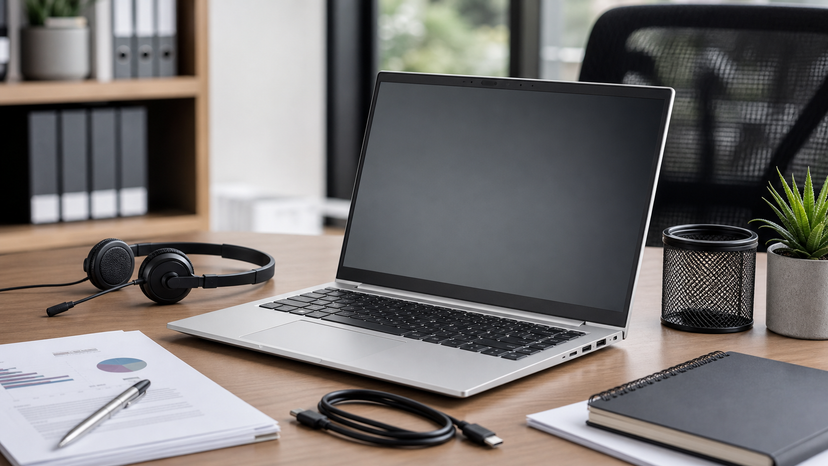 Portable 14 inch business laptop setup with documents, video call headset and office accessories