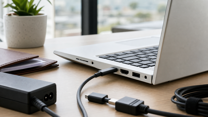 Close view of a business laptop side edge with cable accessories and workspace items
