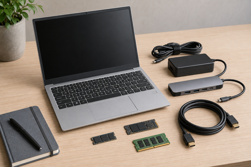 Business laptop with charger, USB-C hub, SSD and RAM upgrade items on a desk