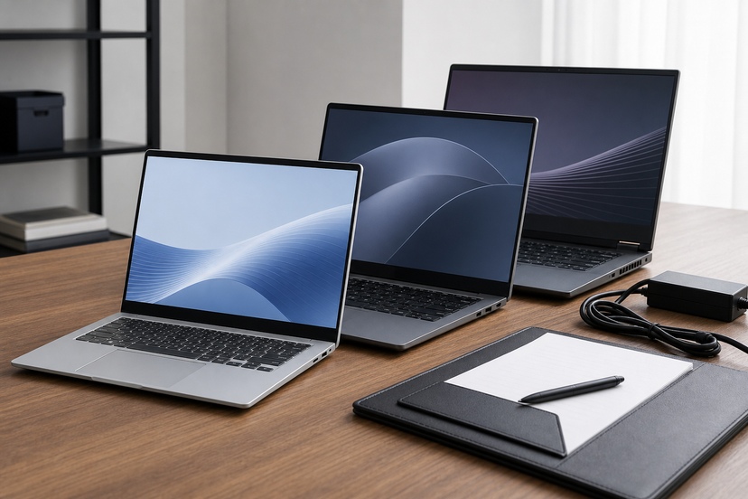 Three business laptops arranged for comparison on a work table