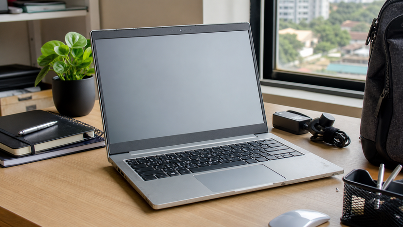 Portable HP-style business laptop beside notebooks and office accessories for school and remote work