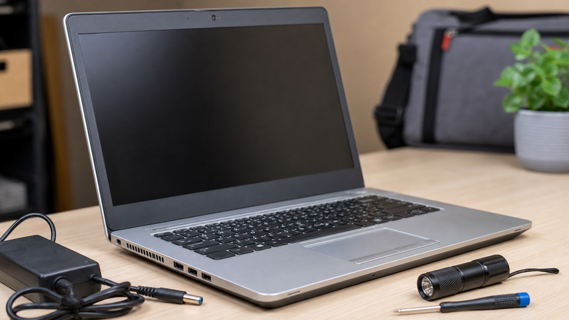 Close view of a 14-inch business laptop screen keyboard touchpad and charging port being inspected