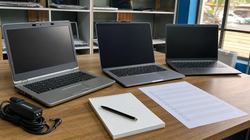 Comparison scene with compact HP business laptop beside newer laptop alternatives on a work table