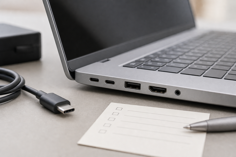 Close-up of business laptop ports and USB-C charger beside a blank inspection checklist