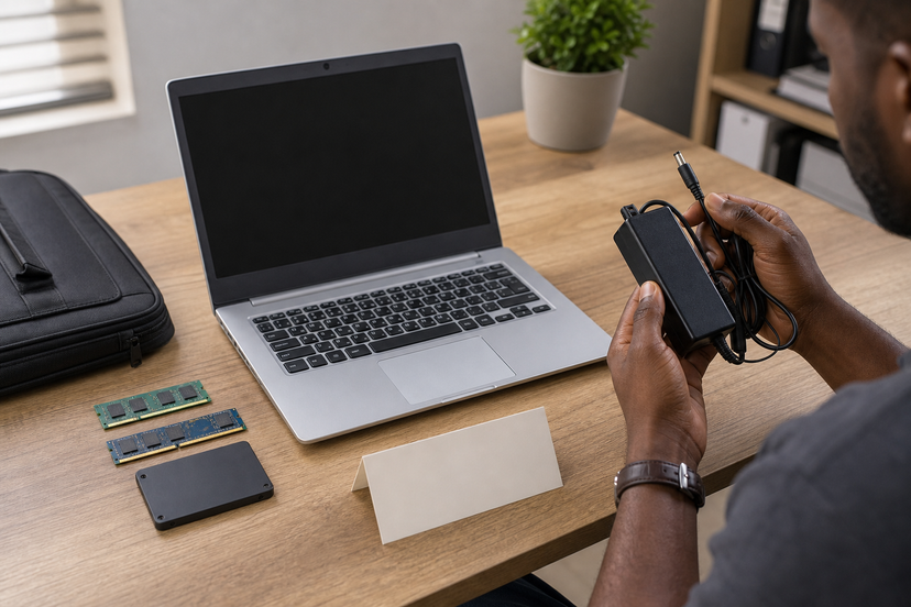 Used laptop inspection scene with power adapter, SSD and RAM components on a desk
