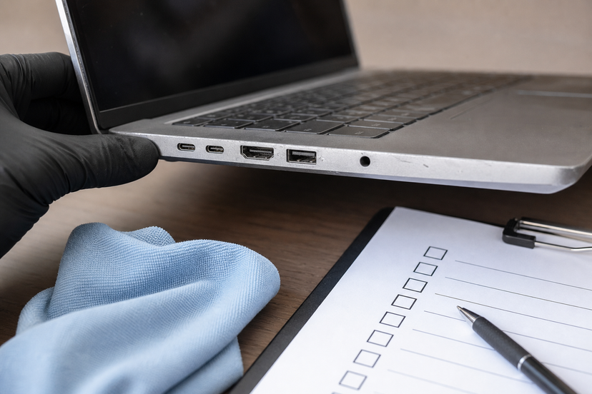 Close-up of a used business laptop port inspection with USB-C, HDMI and USB-A checks