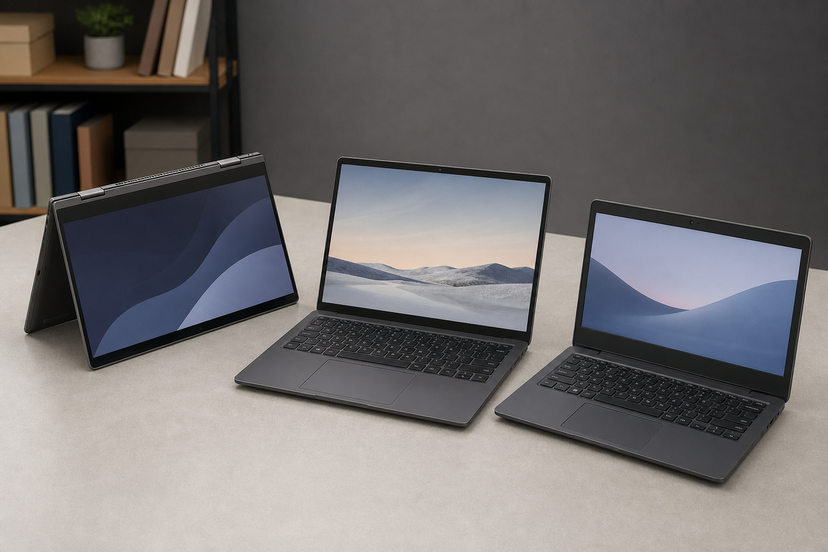 Three compact business laptops arranged on a desk for comparing clamshell, convertible and Chromebook options