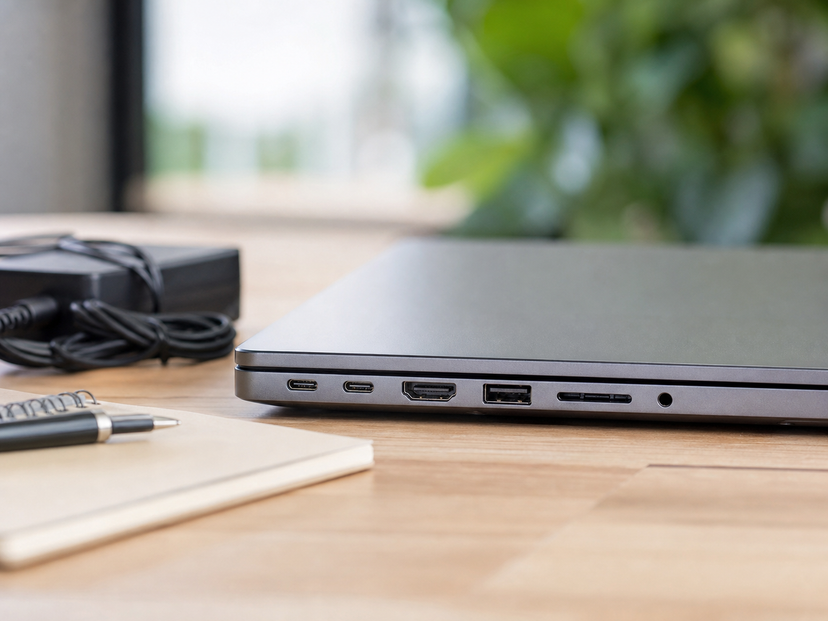Close-up of a premium laptop side profile with USB-C HDMI USB-A SD card and headphone ports