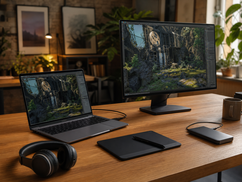 Creator desk with a thin laptop connected to an external monitor for 3D and AI work