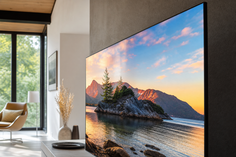 Close-up of a bright premium TV screen in a daylight living room