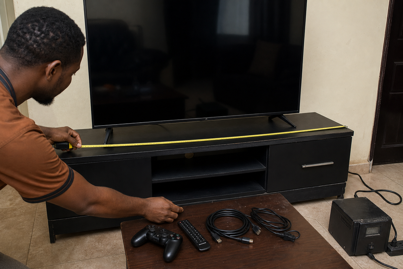 Buyer measuring a TV console with HDMI cables, remote, game controller and power stabilizer nearby