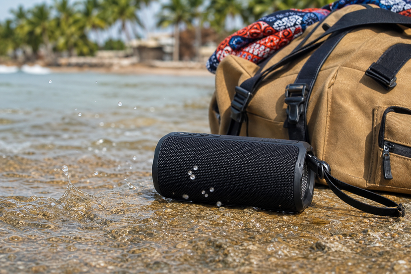 Waterproof portable speaker beside a travel bag and shallow water outdoors