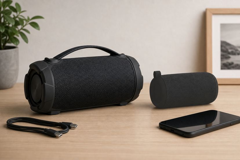 Two portable Bluetooth speakers compared on a tabletop with USB-C cable and smartphone