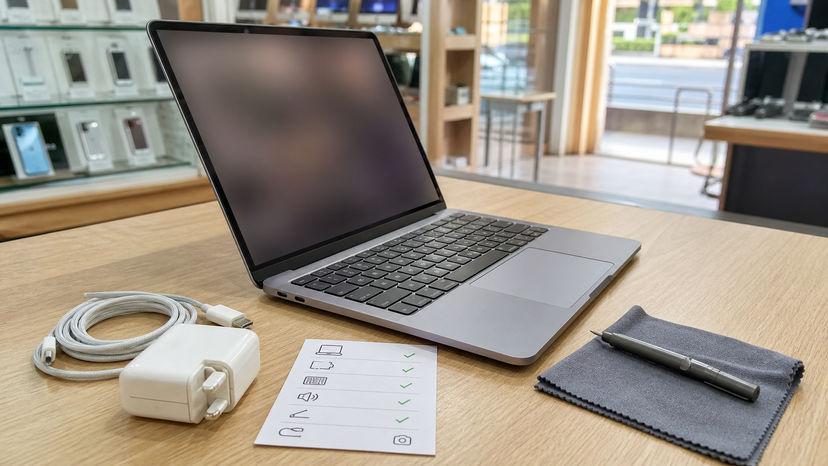 Used MacBook Air M2 condition inspection with focus on ports, keyboard, charger and battery checklist