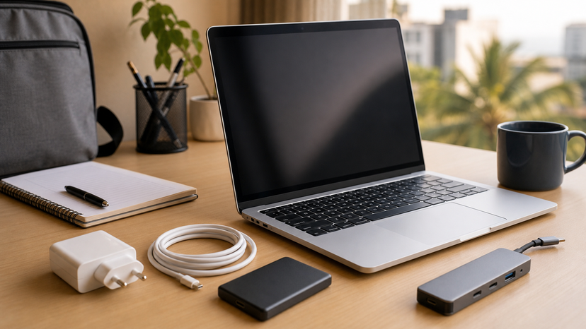 MacBook Air M2 buyer comparison scene showing compact laptop, adapter, external drive and work desk accessories