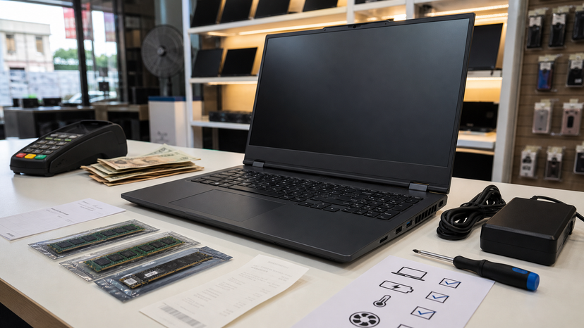 Checklist visual for verifying a Lenovo Legion 5i Gen 11 open-box laptop before buying in Nigeria