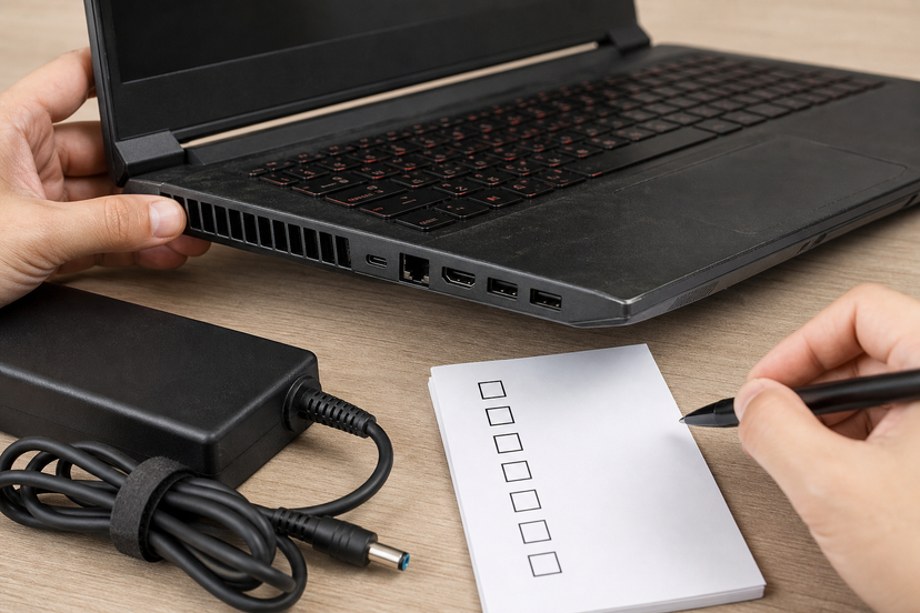 Close-up inspection of a used gaming laptop with charger and ports