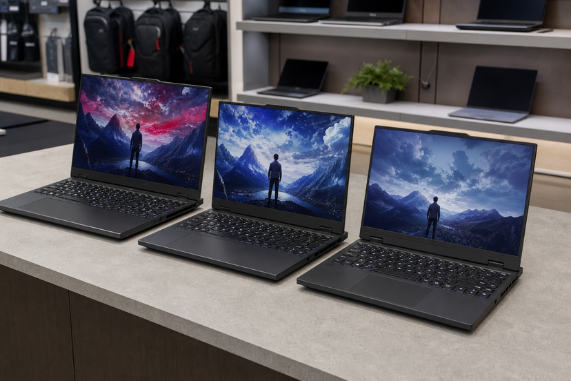 Three gaming laptops on a store counter for comparison
