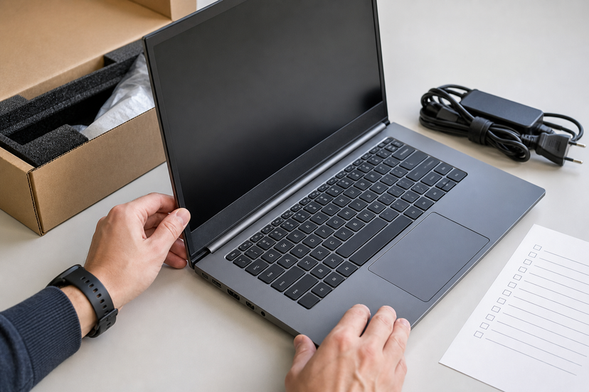 Hands inspecting a used open-box laptop hinge keyboard ports and charger on a desk
