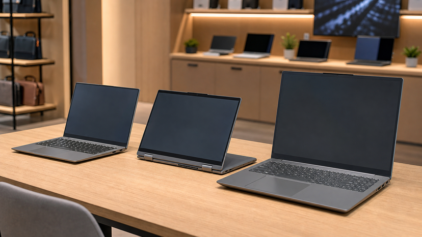 Three grey laptops on a consultation desk representing compact convertible and larger Lenovo alternatives