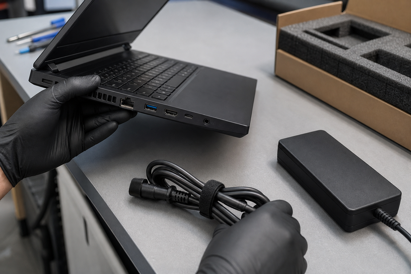 Used gaming laptop ports and charger being inspected on a service desk