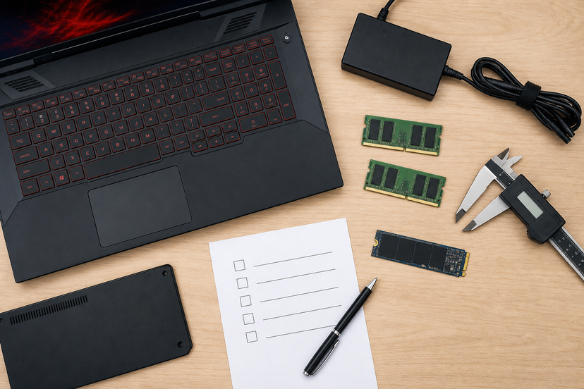 Gaming laptop with RAM, NVMe SSD and blank inspection checklist on a workbench