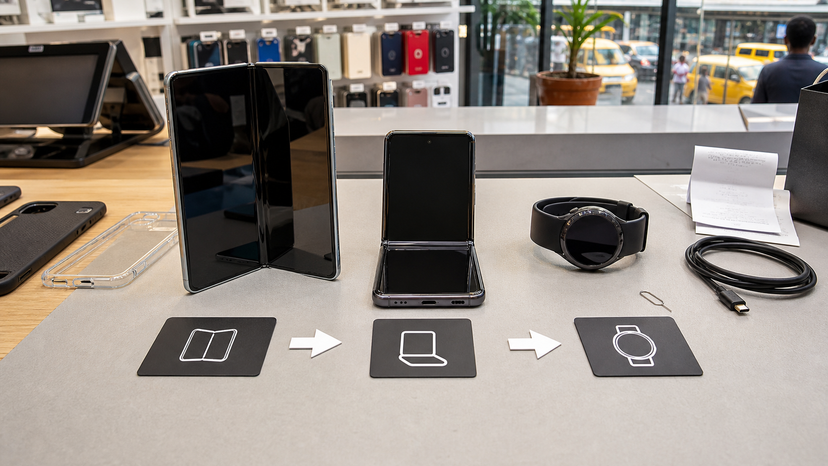 Comparison diagram showing Galaxy Z Fold 7, Galaxy Z Flip 7 and Galaxy Watch 8 buyer decision paths