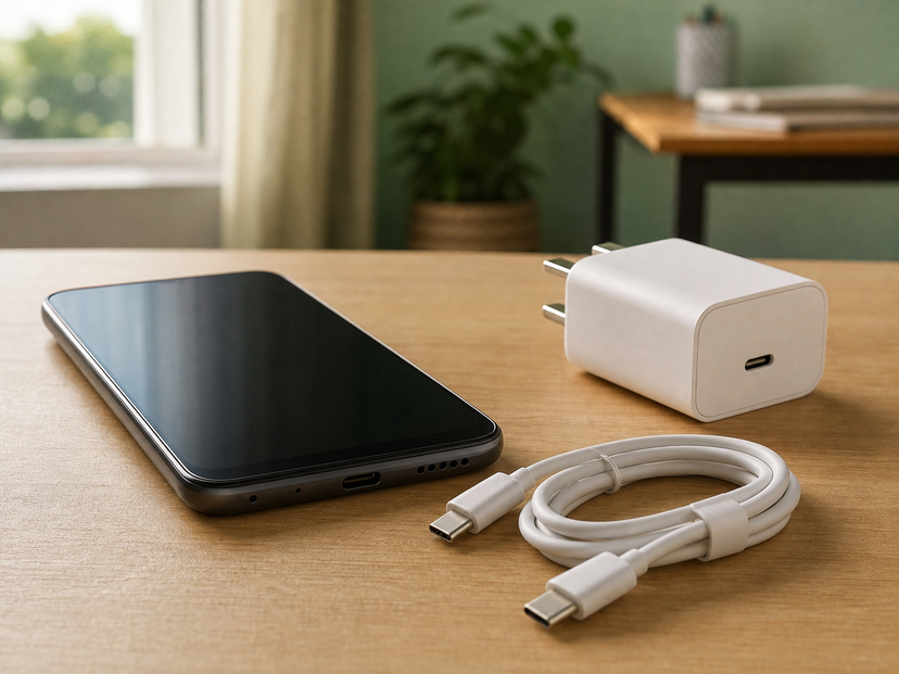 Budget smartphone beside USB-C cable and compact wall charger