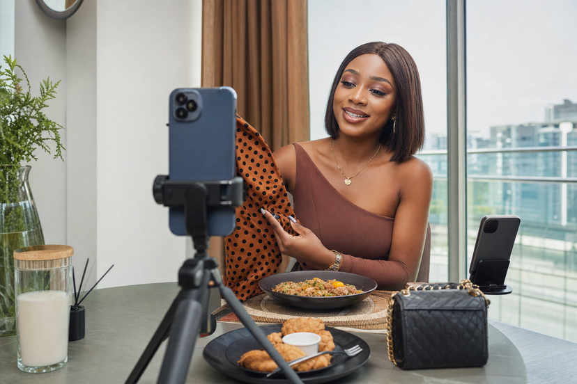 Creator filming food and fashion content with a smartphone on a tripod near a bright balcony