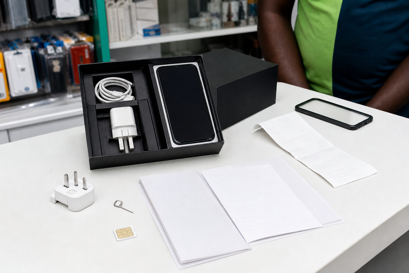 Smartphone box with charger, plug adapter, receipt, SIM tool and warranty papers on a phone shop counter