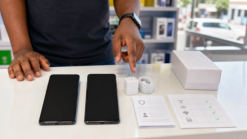 Checklist visual for verifying Tecno phone stock, warranty, network support and charger before purchase