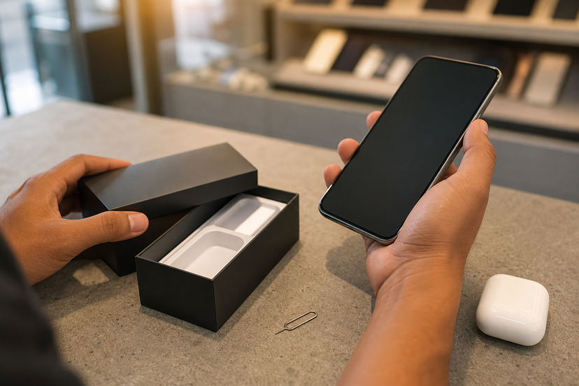 Buyer inspecting an unbranded smartphone and accessories on a retail counter