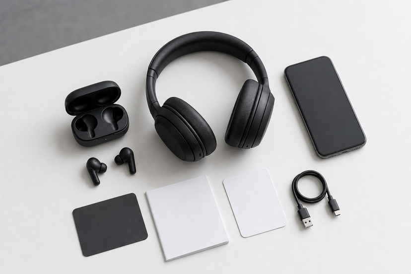 Wireless earbuds, headphones, smartphone, cable, and blank warranty cards arranged on a comparison table