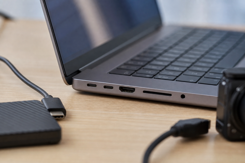 Close-up of a slim laptop side with USB-C HDMI SD card and headphone ports